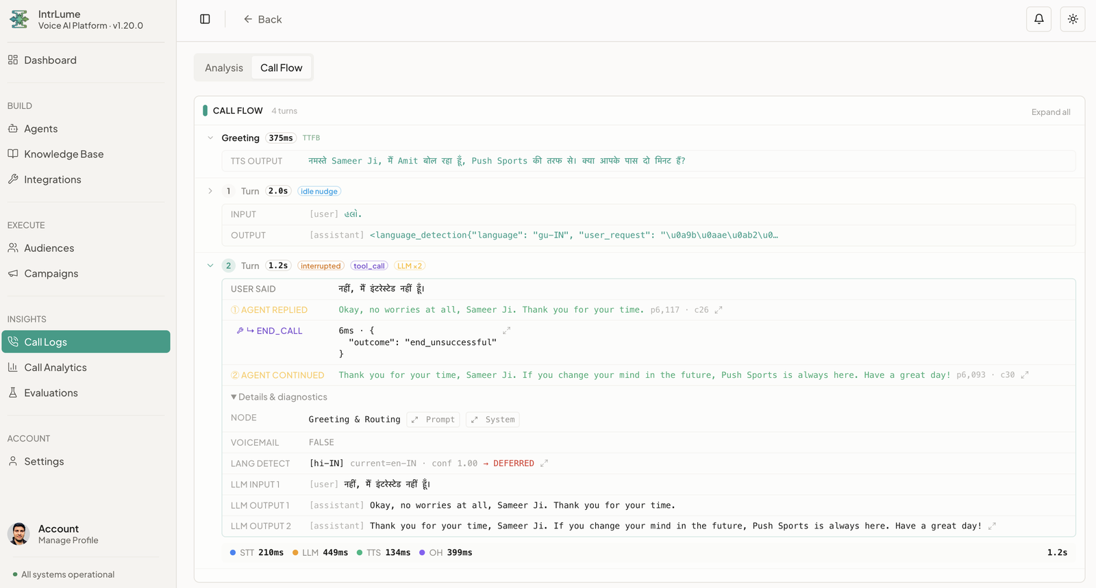 The Call Flow tab — a turn-by-turn timeline with timings and diagnostics