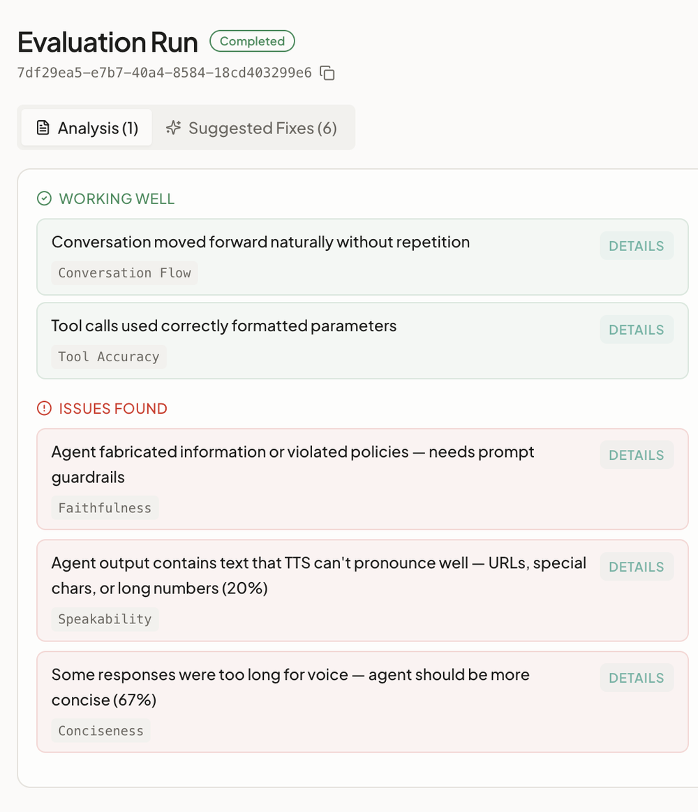 An evaluation run — Working Well and Issues Found with per-dimension insights