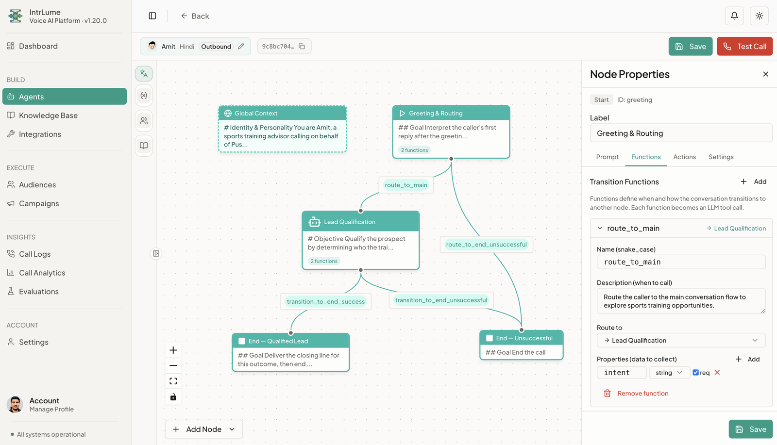 The Intrlume workflow editor — the conversation graph and the Node Properties panel